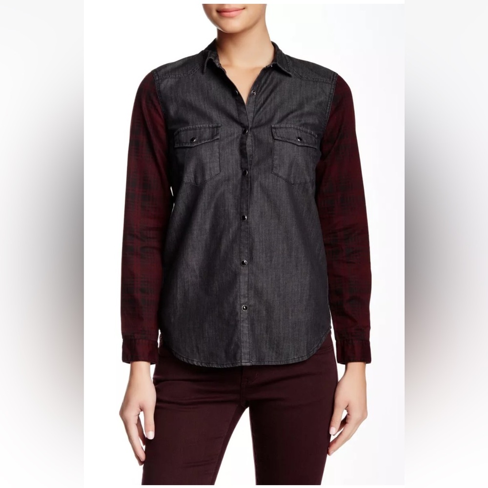 EUC L M The Kooples SPORT Denim Plaid Sleeve Shirt Large Black Gray Burgundy